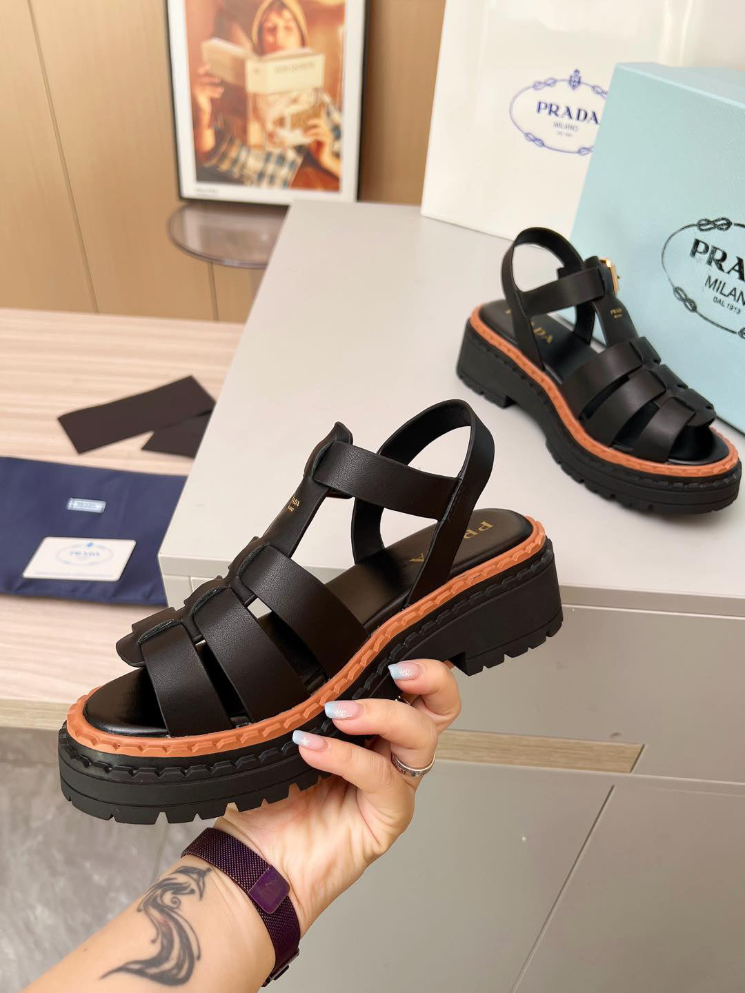 Prada Woven Fisherman Platform Sandals Women Black Brown Contrast Lug Sole Adjustable Buckle Slingback Roman Sandals