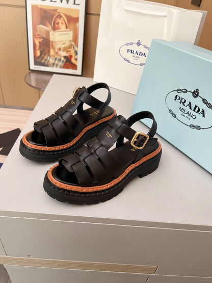 Prada Woven Fisherman Platform Sandals Women Black Brown Contrast Lug Sole Adjustable Buckle Slingback Roman Sandals