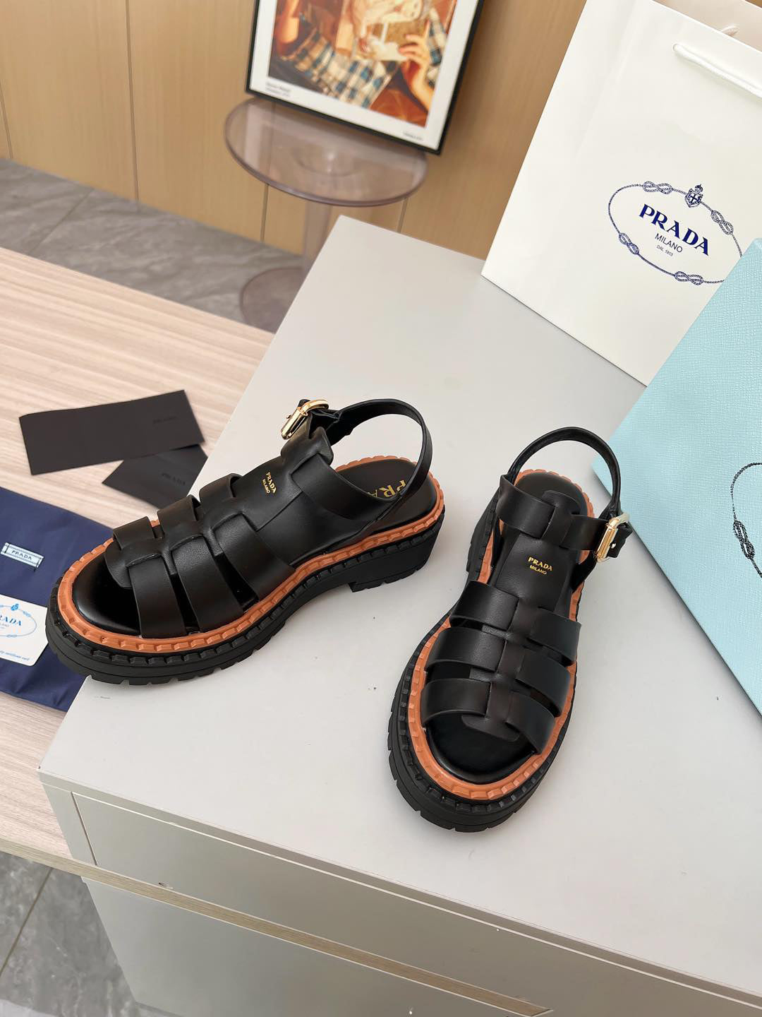 Prada Woven Fisherman Platform Sandals Women Black Brown Contrast Lug Sole Adjustable Buckle Slingback Roman Sandals