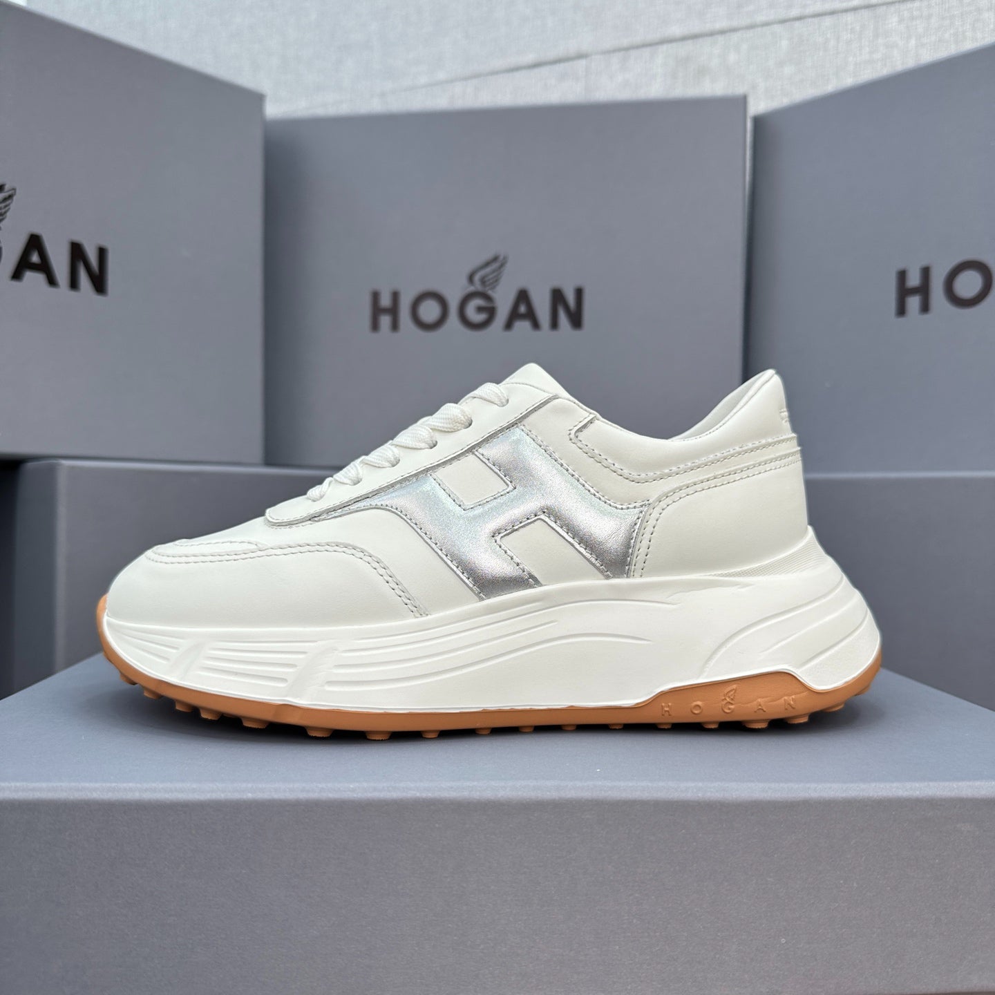 HOGAN Women's White Silver H Logo Leather Platform Sneakers Chunky Thick Sole Height Increasing Casual Walking Shoes