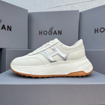 HOGAN Women's White Silver H Logo Leather Platform Sneakers Chunky Thick Sole Height Increasing Casual Walking Shoes