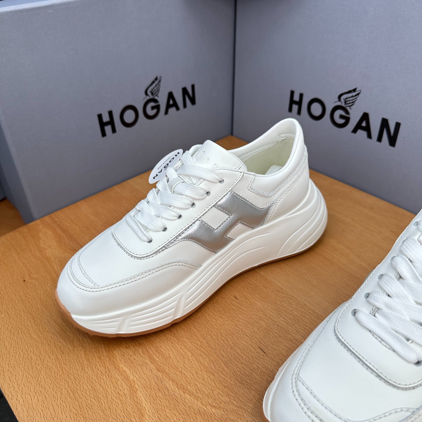 HOGAN Women's White Silver H Logo Leather Platform Sneakers Chunky Thick Sole Height Increasing Casual Walking Shoes