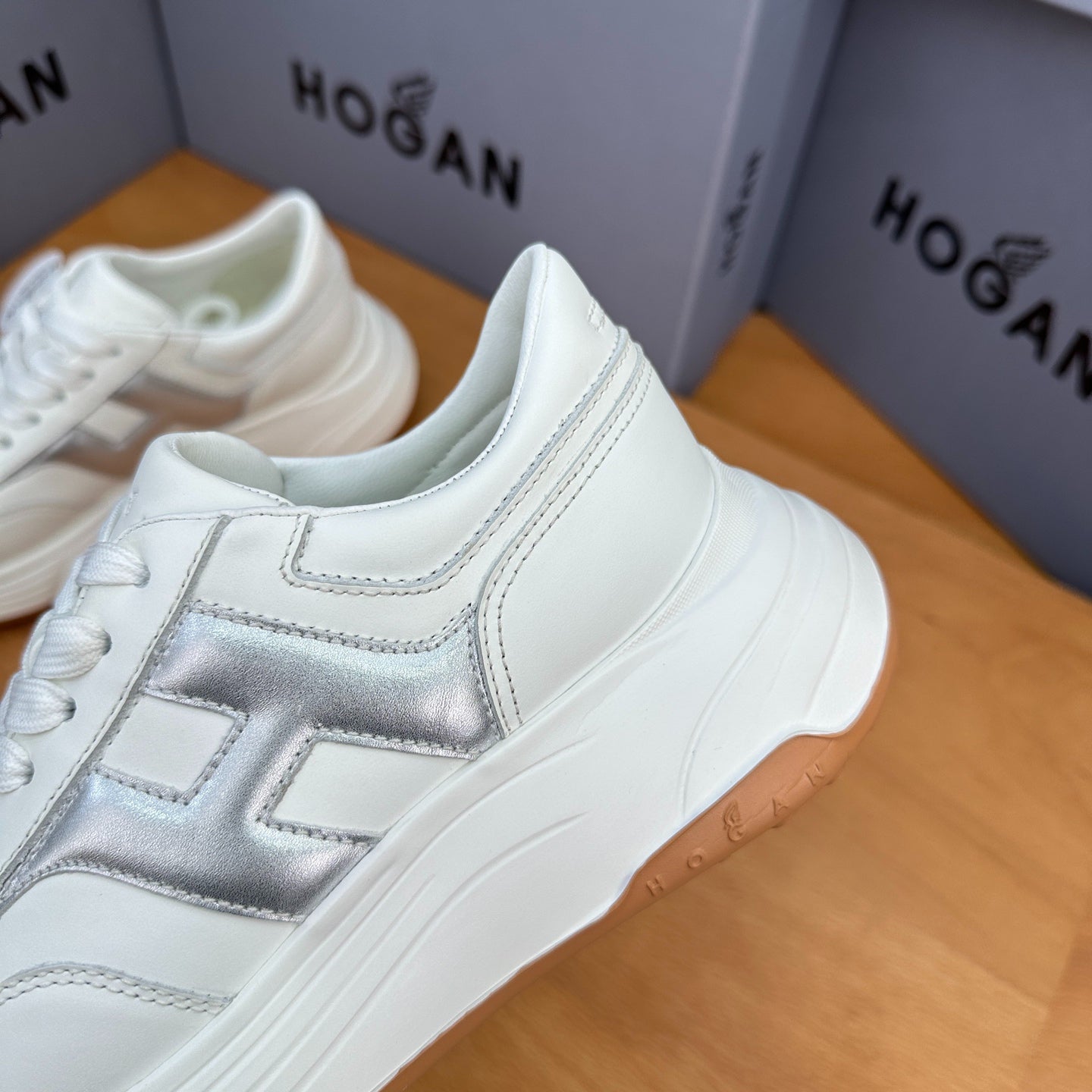 HOGAN Women's White Silver H Logo Leather Platform Sneakers Chunky Thick Sole Height Increasing Casual Walking Shoes