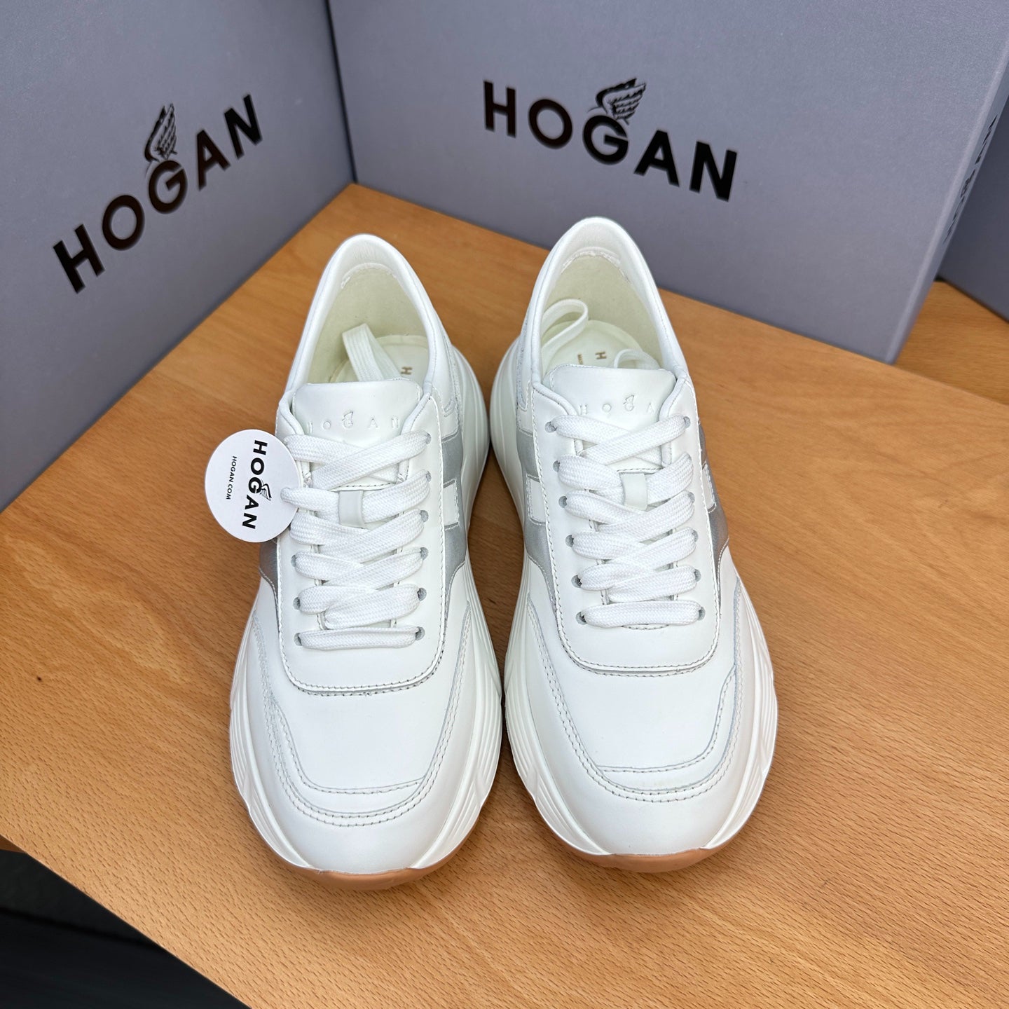 HOGAN Women's White Silver H Logo Leather Platform Sneakers Chunky Thick Sole Height Increasing Casual Walking Shoes
