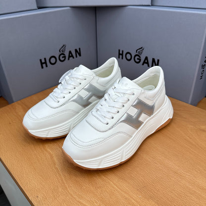 HOGAN Women's White Silver H Logo Leather Platform Sneakers Chunky Thick Sole Height Increasing Casual Walking Shoes