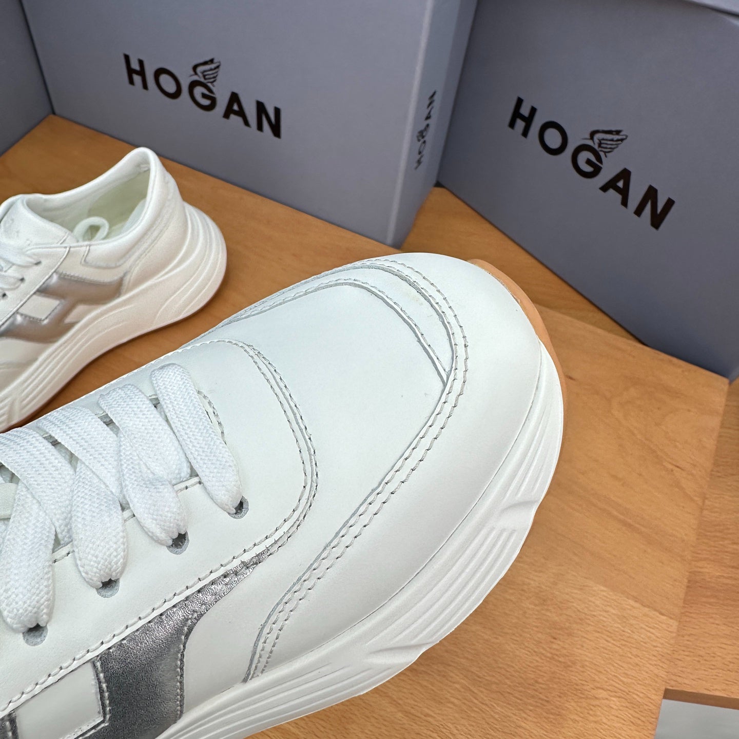 HOGAN Women's White Silver H Logo Leather Platform Sneakers Chunky Thick Sole Height Increasing Casual Walking Shoes