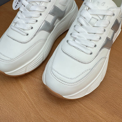 HOGAN Women's White Silver H Logo Leather Platform Sneakers Chunky Thick Sole Height Increasing Casual Walking Shoes