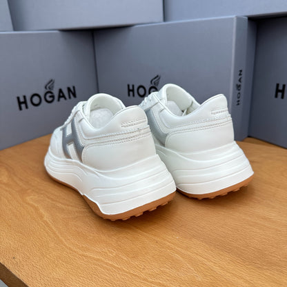 HOGAN Women's White Silver H Logo Leather Platform Sneakers Chunky Thick Sole Height Increasing Casual Walking Shoes