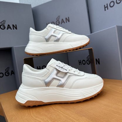 HOGAN Women's White Silver H Logo Leather Platform Sneakers Chunky Thick Sole Height Increasing Casual Walking Shoes
