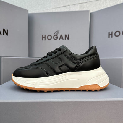 HOGAN Women Full Black Leather H Logo Platform Sneakers White Chunky Thick Sole Height Increasing Casual Walking Shoes