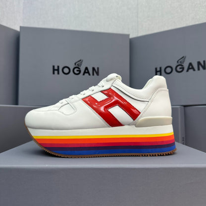 HOGAN White Red Rainbow Striped Stack Wedge Platform Sneakers