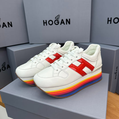 HOGAN White Red Rainbow Striped Stack Wedge Platform Sneakers
