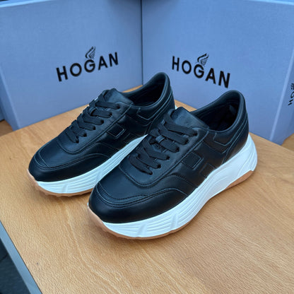 HOGAN Women Full Black Leather H Logo Platform Sneakers White Chunky Thick Sole Height Increasing Casual Walking Shoes