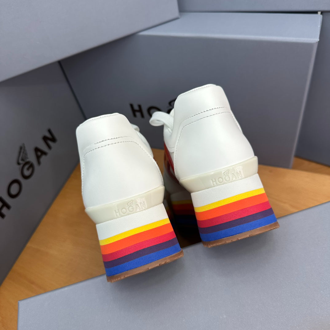 HOGAN White Red Rainbow Striped Stack Wedge Platform Sneakers