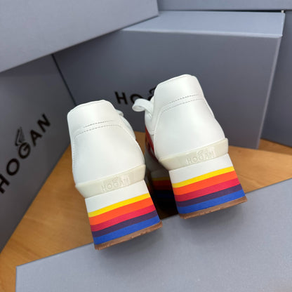 HOGAN White Red Rainbow Striped Stack Wedge Platform Sneakers