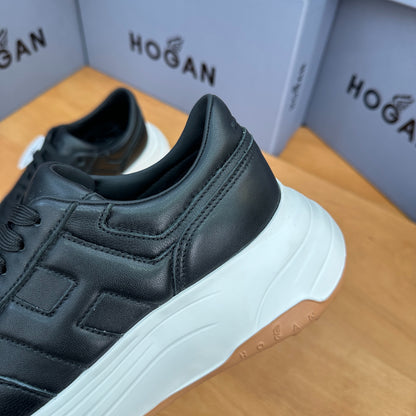 HOGAN Women Full Black Leather H Logo Platform Sneakers White Chunky Thick Sole Height Increasing Casual Walking Shoes