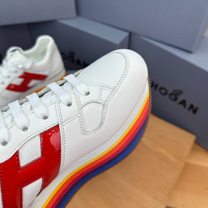 HOGAN White Red Rainbow Striped Stack Wedge Platform Sneakers