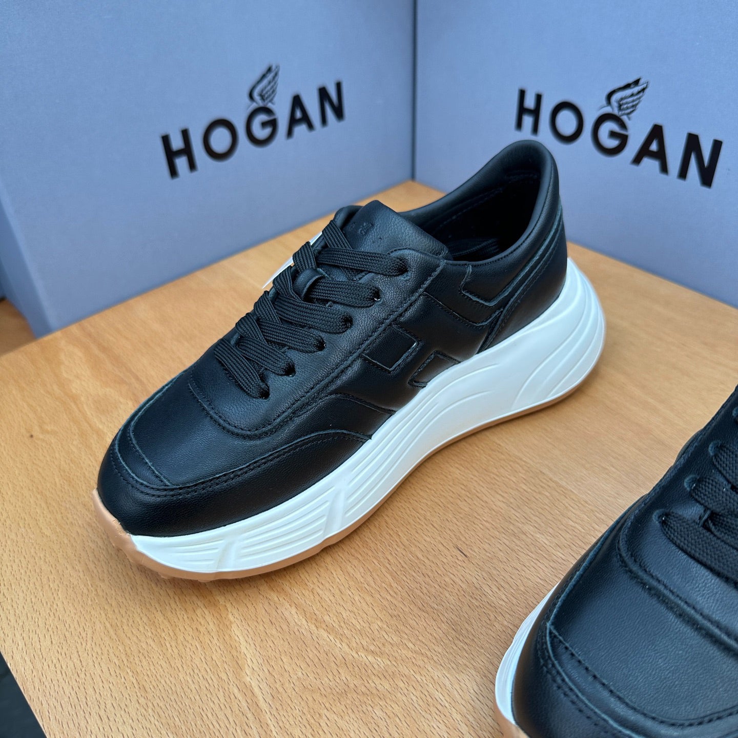 HOGAN Women Full Black Leather H Logo Platform Sneakers White Chunky Thick Sole Height Increasing Casual Walking Shoes