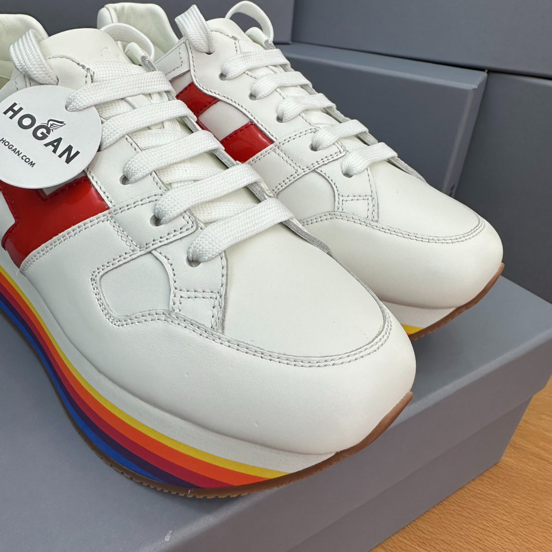 HOGAN White Red Rainbow Striped Stack Wedge Platform Sneakers