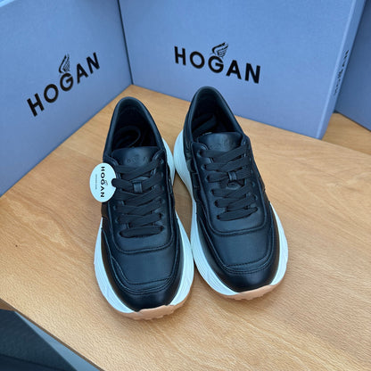 HOGAN Women Full Black Leather H Logo Platform Sneakers White Chunky Thick Sole Height Increasing Casual Walking Shoes