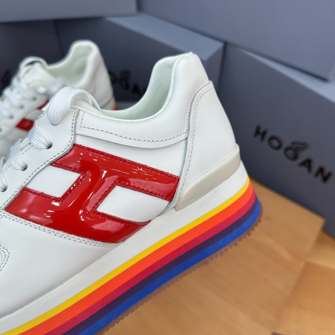 HOGAN White Red Rainbow Striped Stack Wedge Platform Sneakers