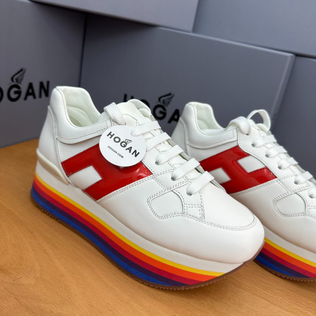HOGAN White Red Rainbow Striped Stack Wedge Platform Sneakers