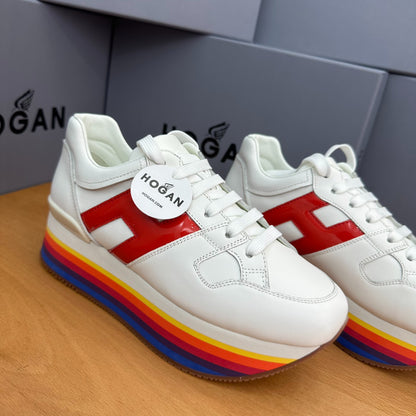 HOGAN White Red Rainbow Striped Stack Wedge Platform Sneakers
