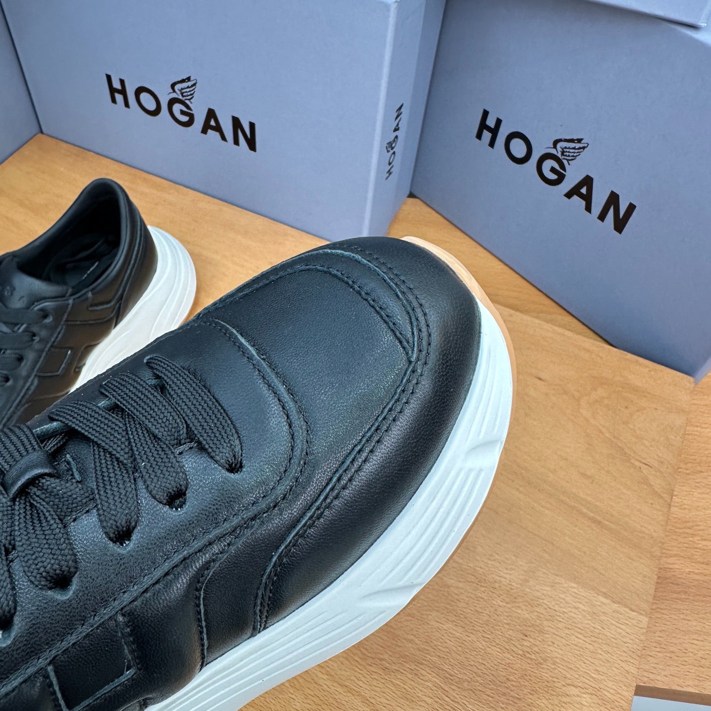 HOGAN Women Full Black Leather H Logo Platform Sneakers White Chunky Thick Sole Height Increasing Casual Walking Shoes