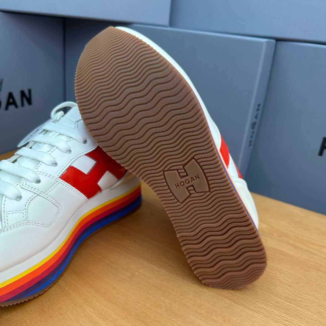 HOGAN White Red Rainbow Striped Stack Wedge Platform Sneakers
