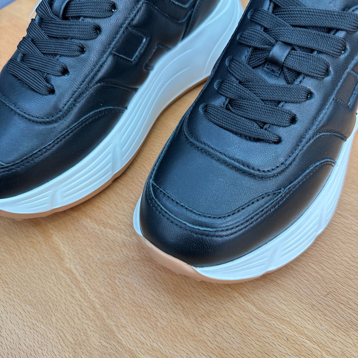 HOGAN Women Full Black Leather H Logo Platform Sneakers White Chunky Thick Sole Height Increasing Casual Walking Shoes