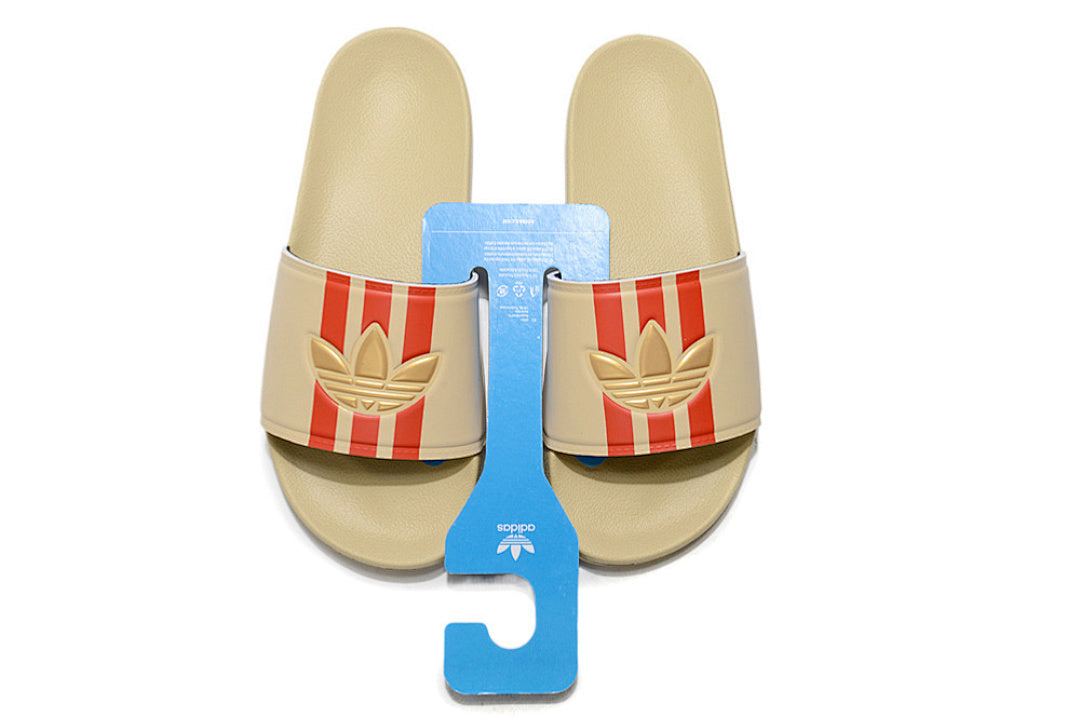 Adidas Originals Adilette Sand Beige/Red/Gold Trefoil Slide Sandals GX6970