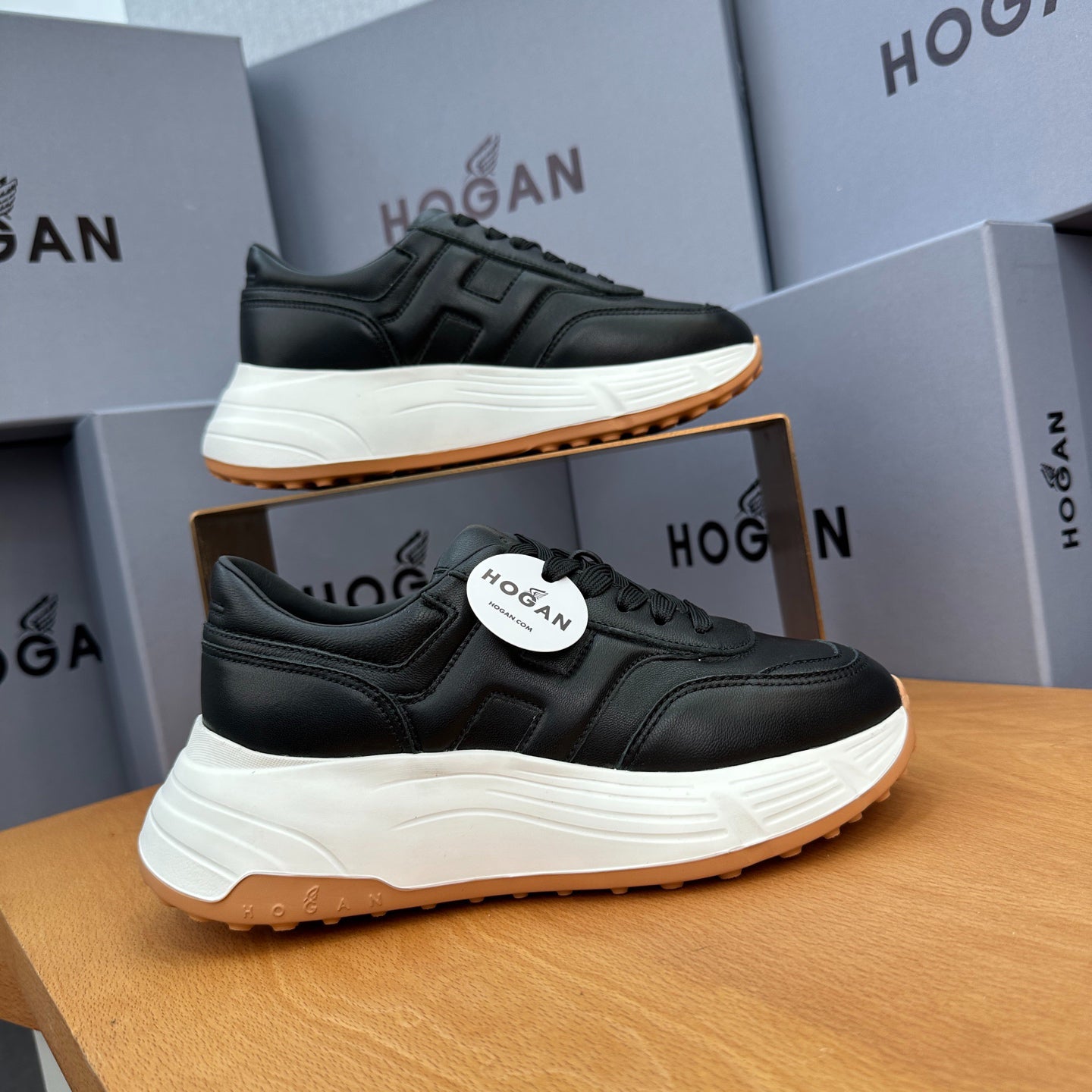 HOGAN Women Full Black Leather H Logo Platform Sneakers White Chunky Thick Sole Height Increasing Casual Walking Shoes