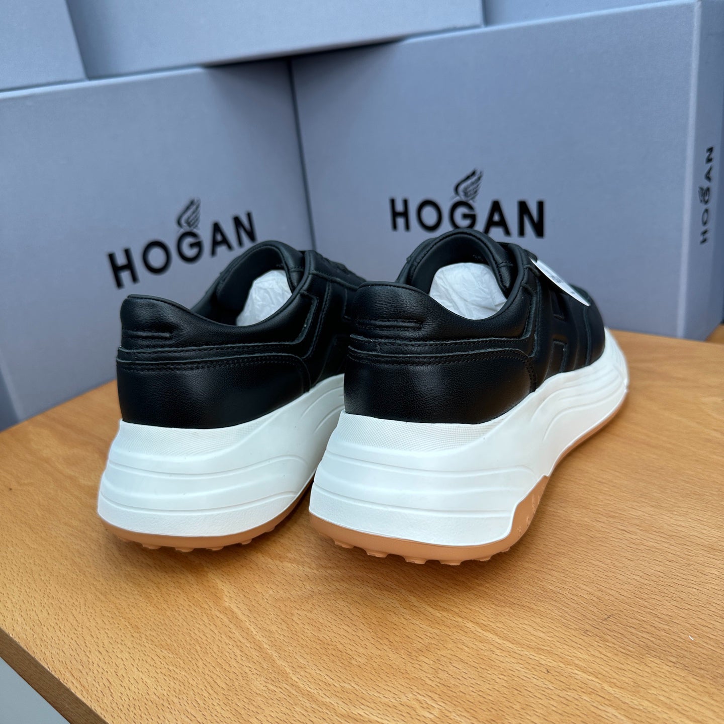 HOGAN Women Full Black Leather H Logo Platform Sneakers White Chunky Thick Sole Height Increasing Casual Walking Shoes