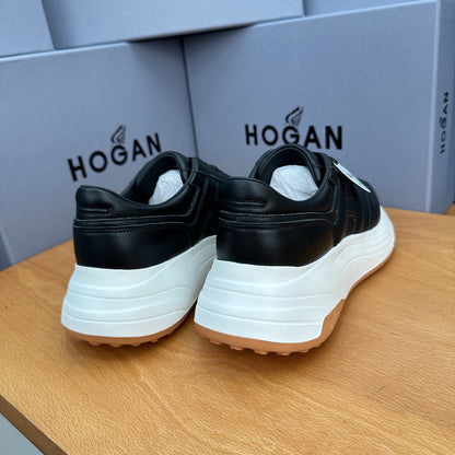HOGAN Women Full Black Leather H Logo Platform Sneakers White Chunky Thick Sole Height Increasing Casual Walking Shoes