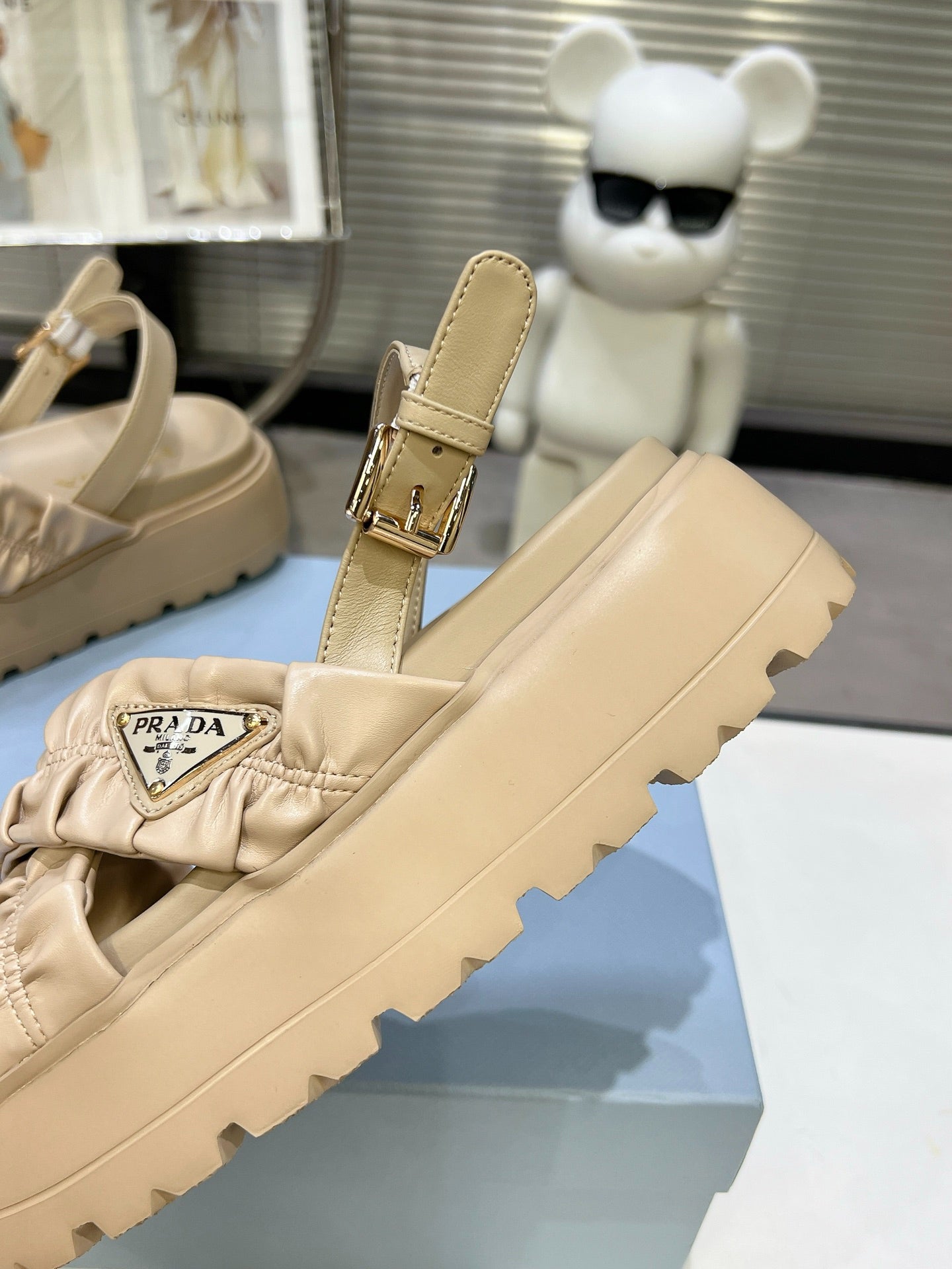 Women Beige Ruched Cross Strap Platform Sandals Triangle Gold Logo Adjustable Ankle Buckle Casual Shoes