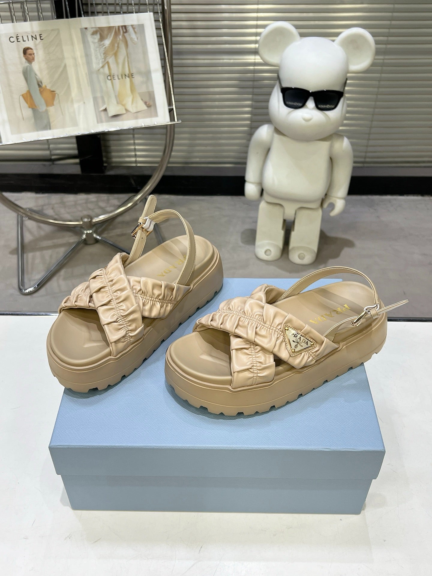 Women Beige Ruched Cross Strap Platform Sandals Triangle Gold Logo Adjustable Ankle Buckle Casual Shoes