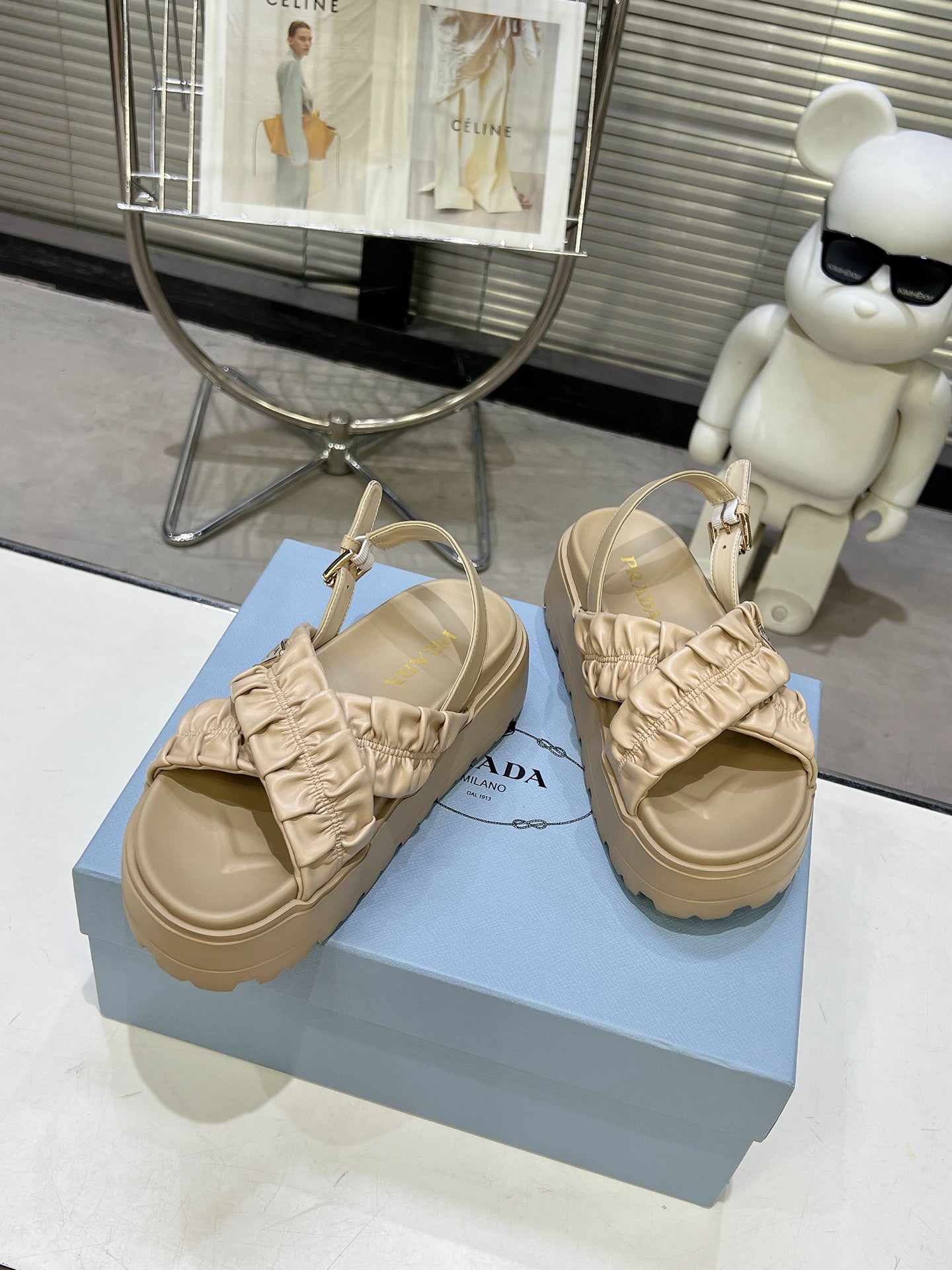 Women Beige Ruched Cross Strap Platform Sandals Triangle Gold Logo Adjustable Ankle Buckle Casual Shoes