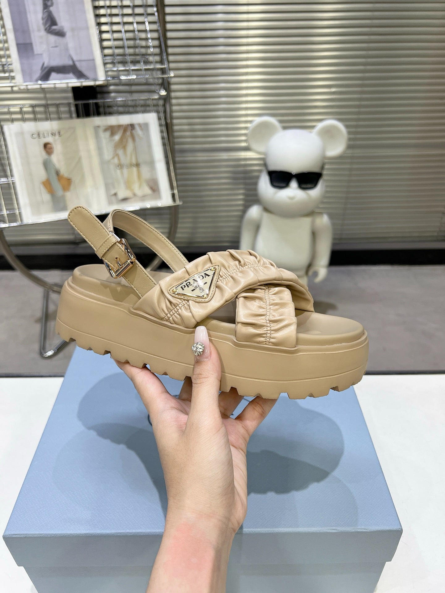 Women Beige Ruched Cross Strap Platform Sandals Triangle Gold Logo Adjustable Ankle Buckle Casual Shoes