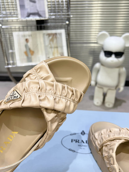 Women Beige Ruched Cross Strap Platform Sandals Triangle Gold Logo Adjustable Ankle Buckle Casual Shoes