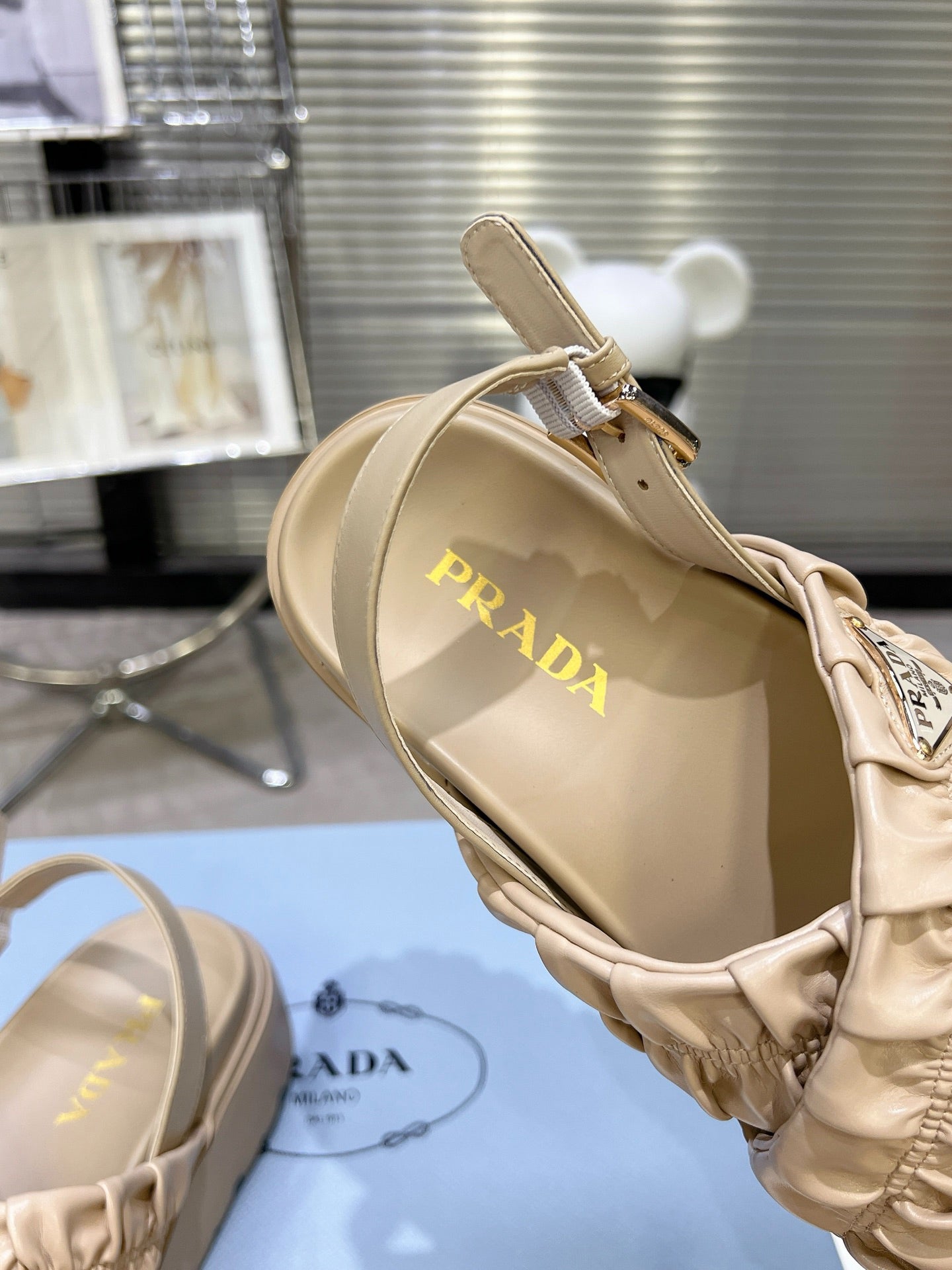 Women Beige Ruched Cross Strap Platform Sandals Triangle Gold Logo Adjustable Ankle Buckle Casual Shoes