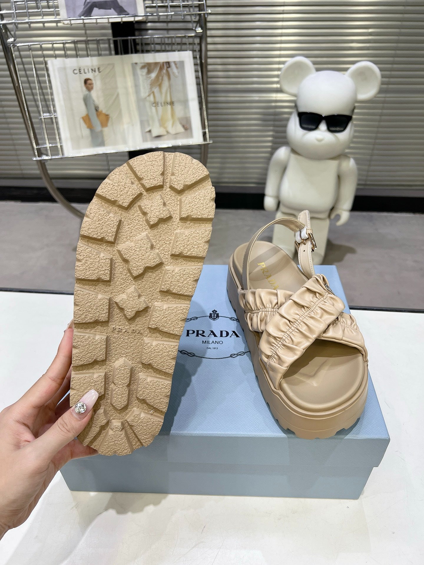 Women Beige Ruched Cross Strap Platform Sandals Triangle Gold Logo Adjustable Ankle Buckle Casual Shoes