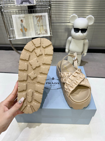 Women Beige Ruched Cross Strap Platform Sandals Triangle Gold Logo Adjustable Ankle Buckle Casual Shoes