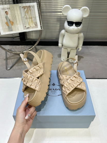 Women Beige Ruched Cross Strap Platform Sandals Triangle Gold Logo Adjustable Ankle Buckle Casual Shoes