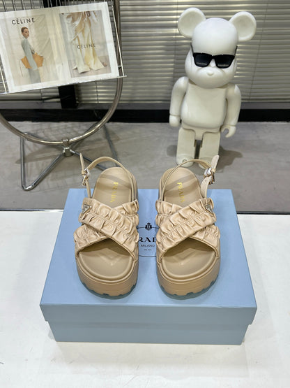 Women Beige Ruched Cross Strap Platform Sandals Triangle Gold Logo Adjustable Ankle Buckle Casual Shoes