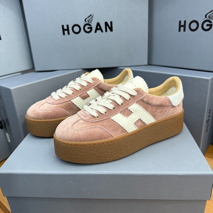 HOGAN Dusty Pink Suede White H Logo Thick Gum Platform Casual Sneakers