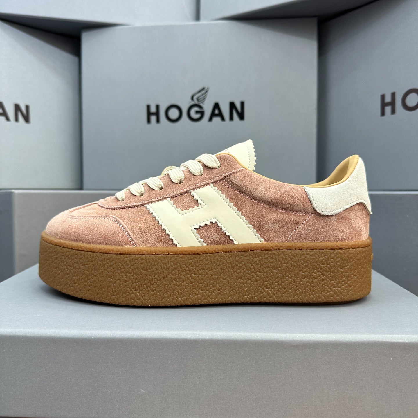 HOGAN Dusty Pink Suede White H Logo Thick Gum Platform Casual Sneakers