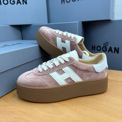 HOGAN Dusty Pink Suede White H Logo Thick Gum Platform Casual Sneakers