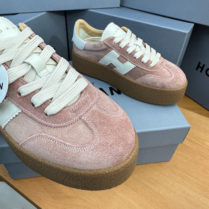 HOGAN Dusty Pink Suede White H Logo Thick Gum Platform Casual Sneakers
