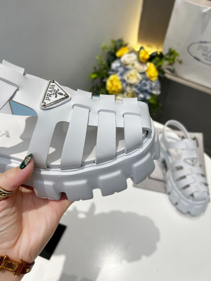 Women White Chunky Platform Roman Sandals Prada Triangle Badge Ankle Strap Fisherman Shoes