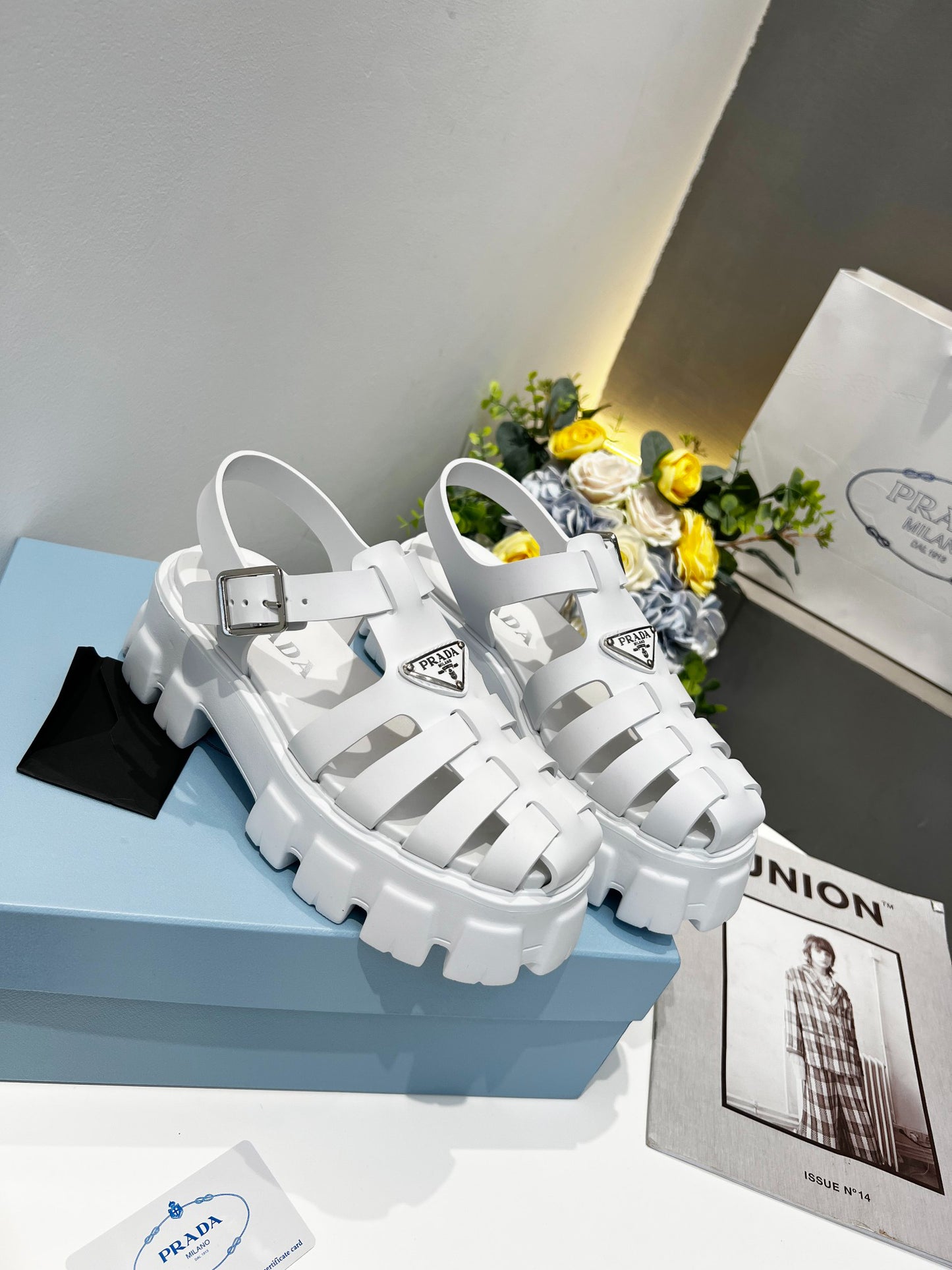 Women White Chunky Platform Roman Sandals Prada Triangle Badge Ankle Strap Fisherman Shoes